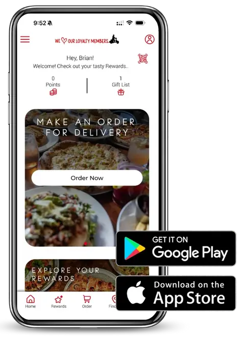 The Square Peg Pizzeria app on a phone