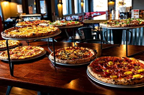 A table of wood-fired pizzas on stands, ready for a party