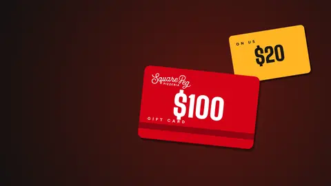 A $100 Square Peg gift card with a free $20 card behind it